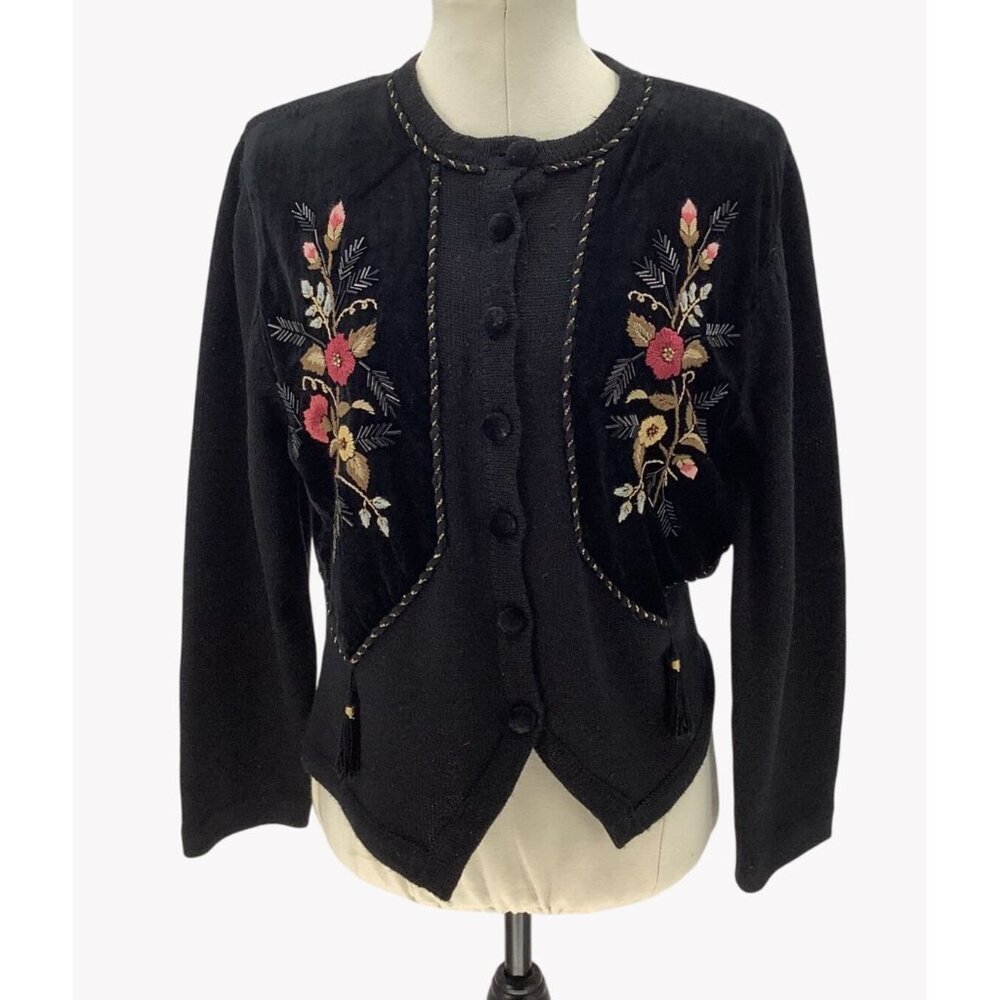 Vintage Susan Bristol Cardigan Size M Velvet Embroidery Beaded Tassel Floral